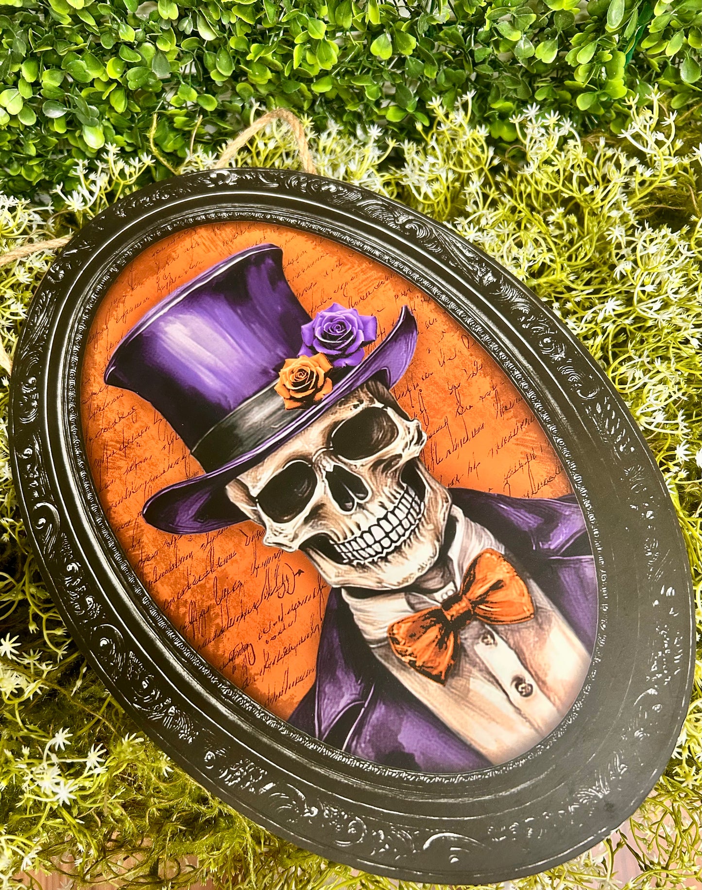 13 Inch By 9 Inch Purple Orange And Black Skeleton Portrait Wood Sign