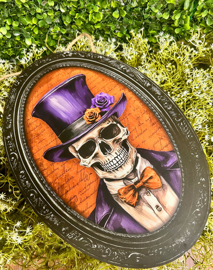 13 Inch By 9 Inch Purple Orange And Black Skeleton Portrait Wood Sign