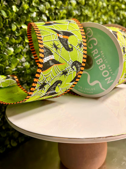 2.5 Inch By 10 Yard Witch Hats Spiders And Stripes Ribbon