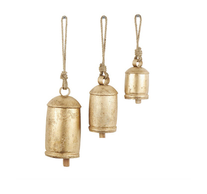 Gold Metal Tibetan Inspired Indoor Outdoor Decorative Cow Bells With Jute Hanging Rope Set of Three