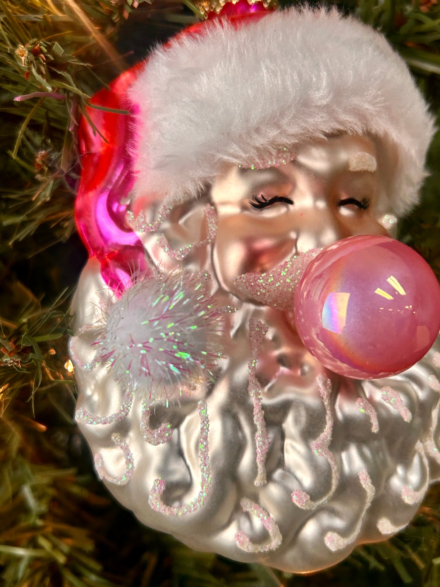 6 Inch Pink Bubblegum Glass Santa Ornament