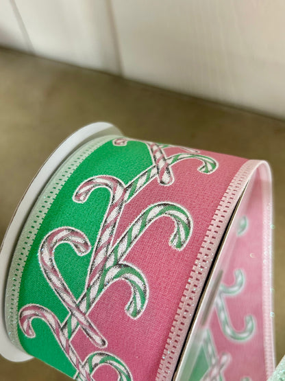 2.5 Inch By 10 Yard Mint Pink White Iridescent Glitter Candy Cane Ribbon
