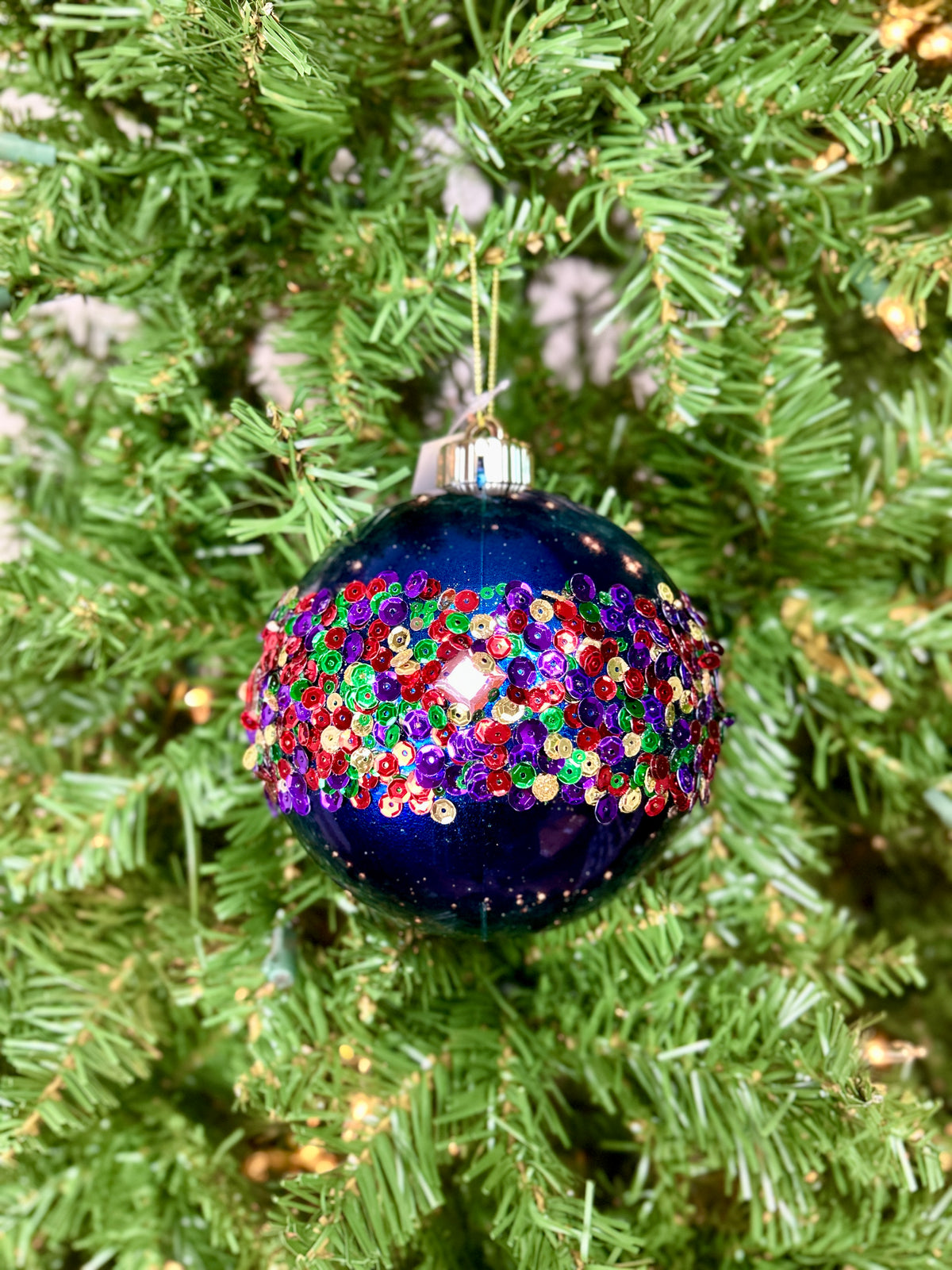 5 Inch Dark Blue Diamond And Sequin Ornament Ball