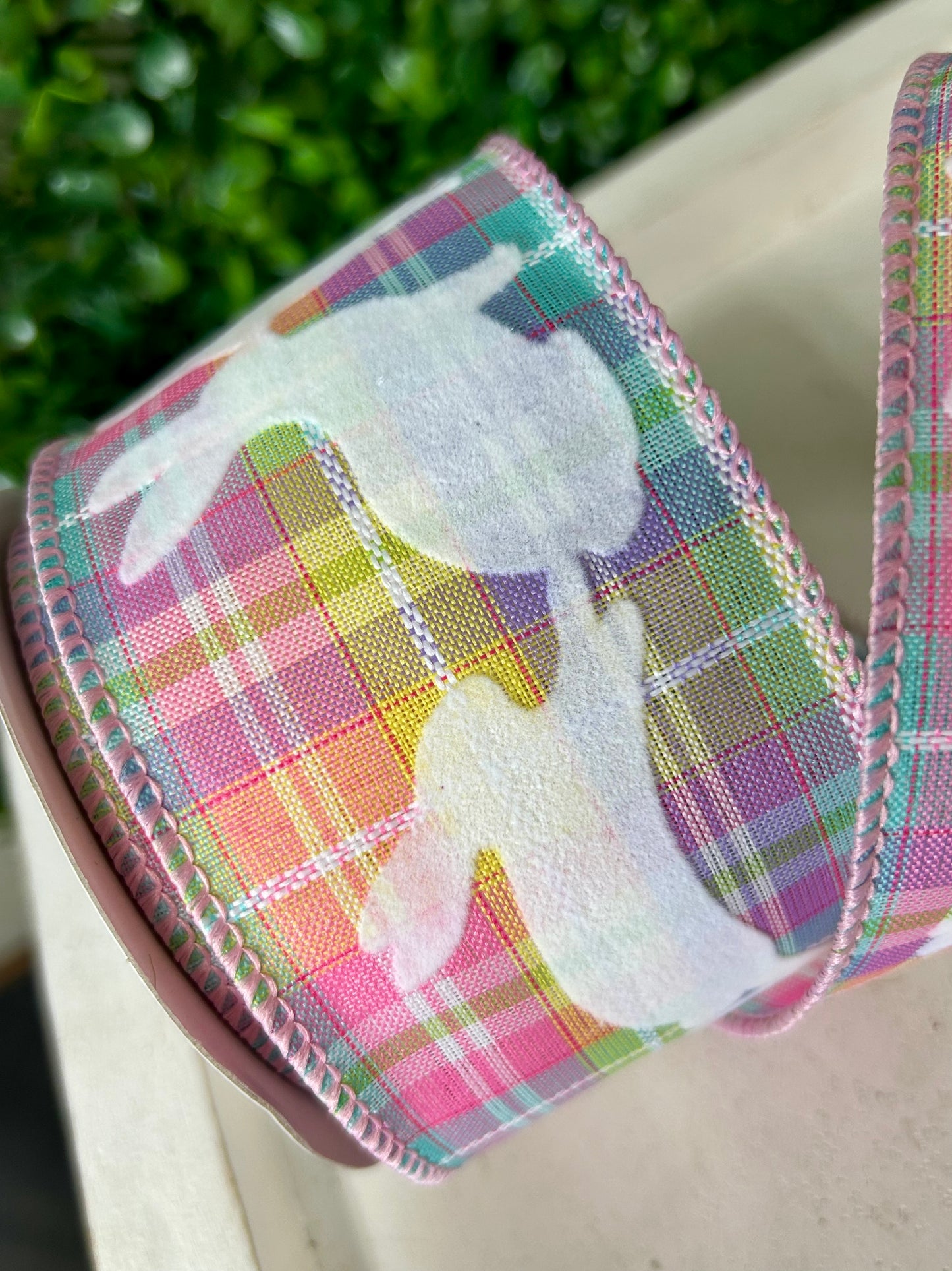 2.5 Inch By 10 Yard Pastel Kennedy Plaid With Flocked White Bunnies Ribbon