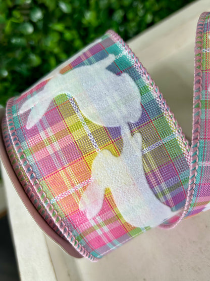 2.5 Inch By 10 Yard Pastel Kennedy Plaid With Flocked White Bunnies Ribbon
