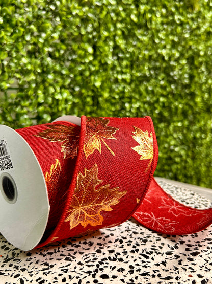2.5 Inch By 10 Yard Burgundy Foil Maple Leaf On Royal Ribbon