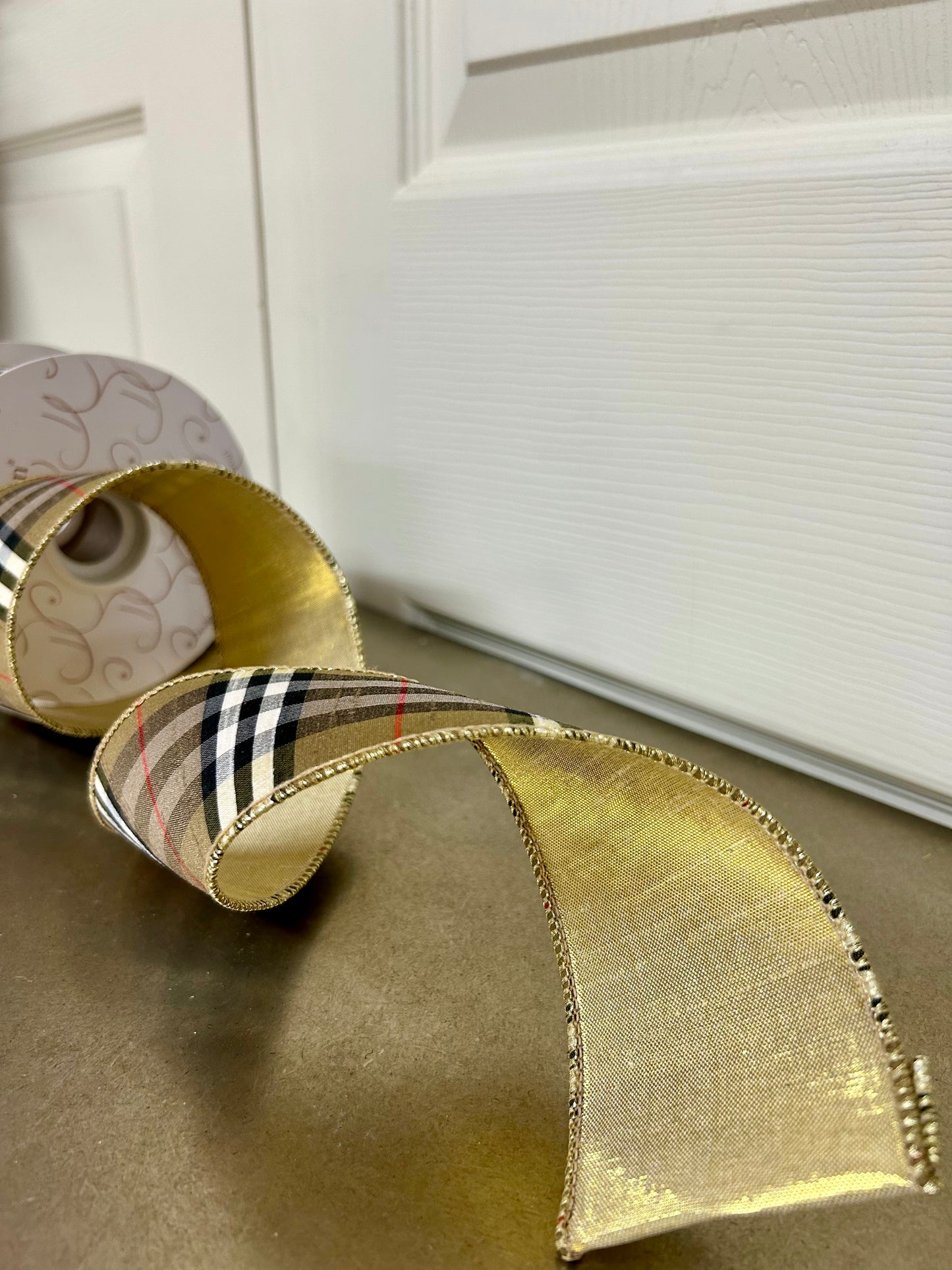 2.5 Inch By 10 Yard Burberry Black And Tan Plaid With Gold Back Ribbon