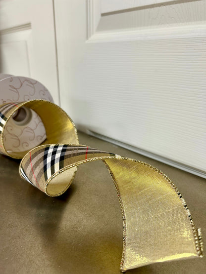 2.5 Inch By 10 Yard Burberry Black And Tan Plaid With Gold Back Ribbon