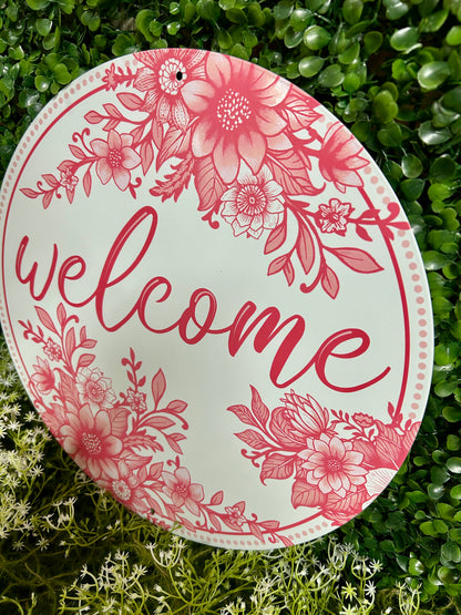 12 Inch Pink And White Metal Chinoiserie Welcome Sign