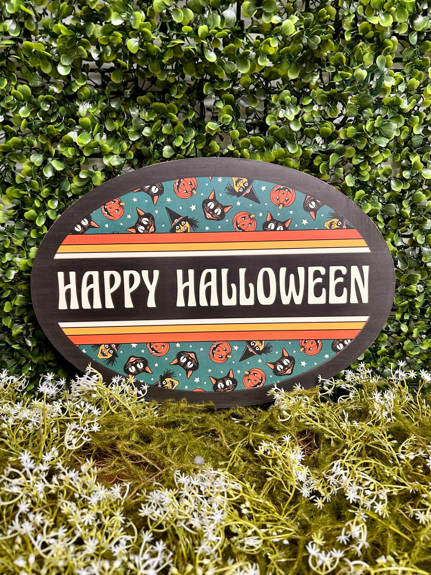 13 Inch By 9 Inch Teal Yellow And Orange Happy Halloween Oval Wood Sign