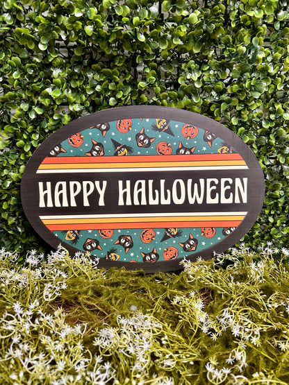 13 Inch By 9 Inch Teal Yellow And Orange Happy Halloween Oval Wood Sign