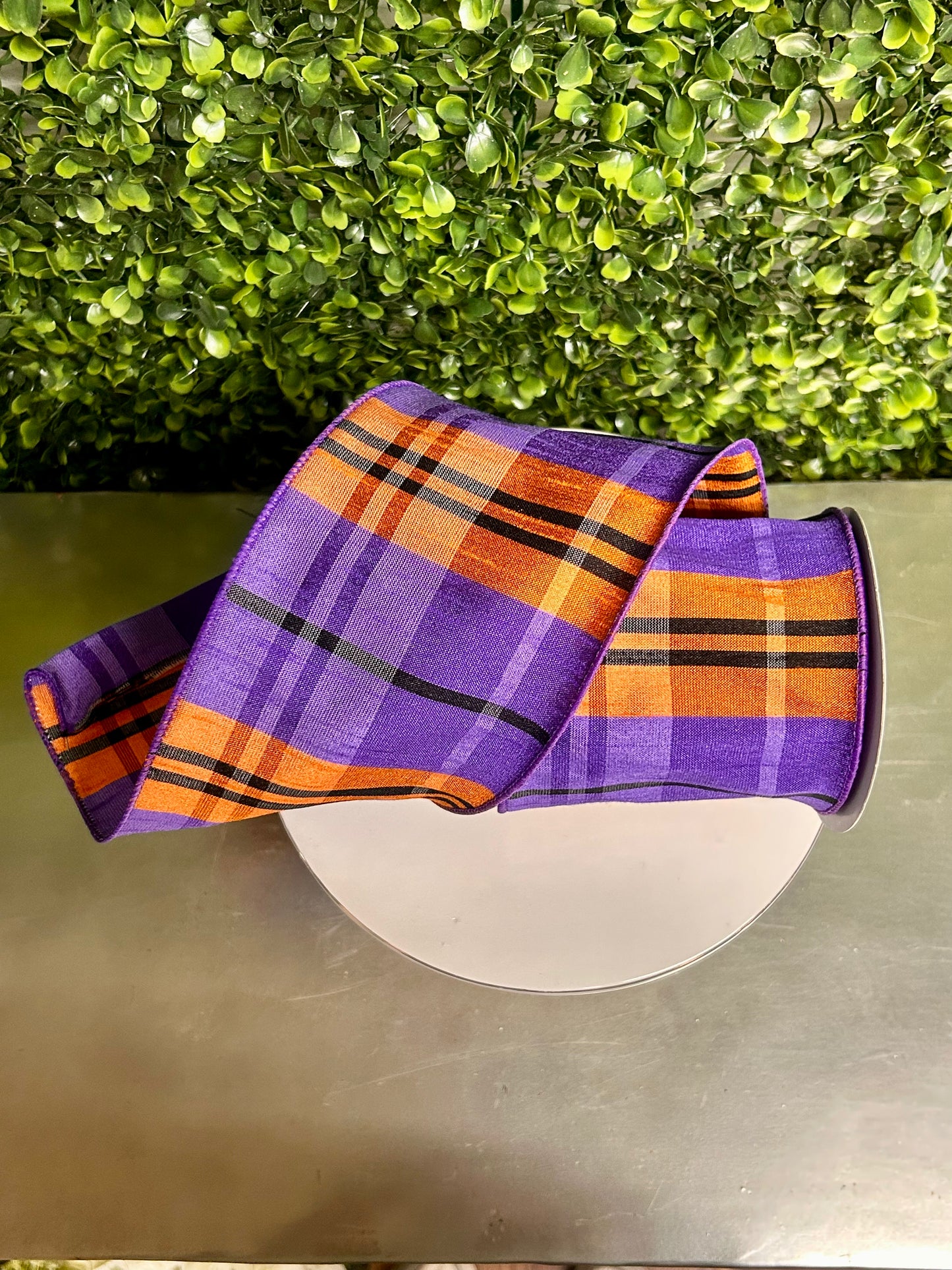 4 Inch By 10 Yard Purple Orange And Black Plaid Faux Dupioni Ribbon