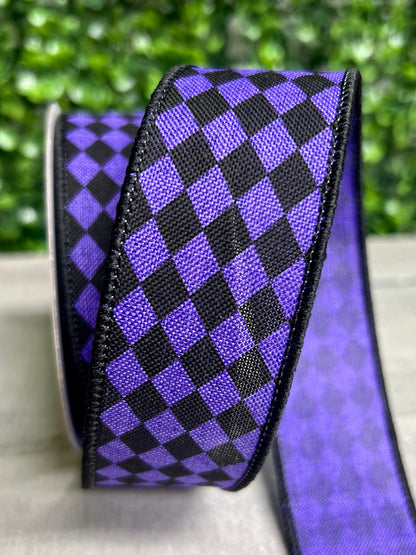 1.5 Inch By 10 Yard Purple And Black Small Harlequin On Royal Ribbon