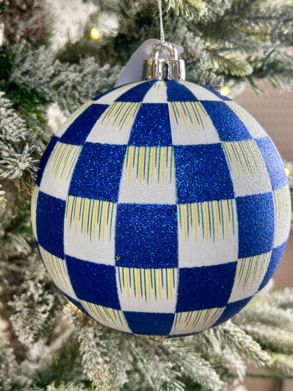 6 Inch Royal Blue And White Glitter Check Ornament