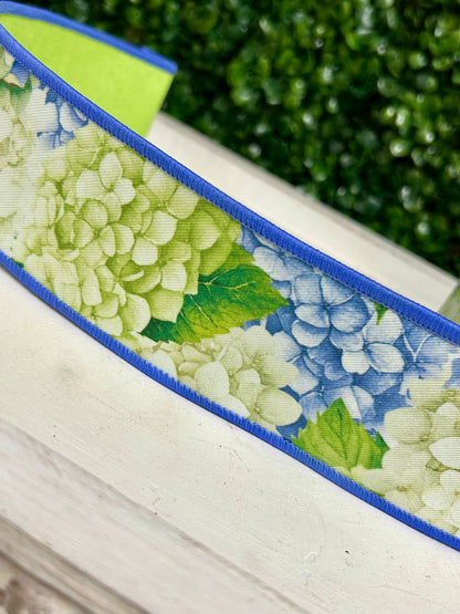 2.5 Inch By 10 Yard Blue And Green Hydrangea Fused Ribbon