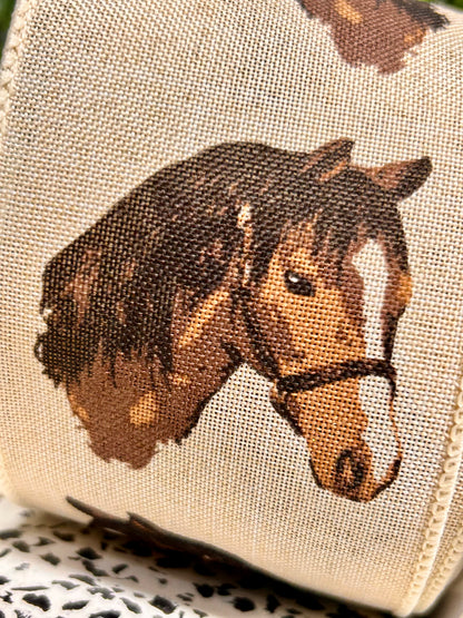 2.5 Inch By 10 Yard Cream And Brown Horse Head On Royal Ribbon