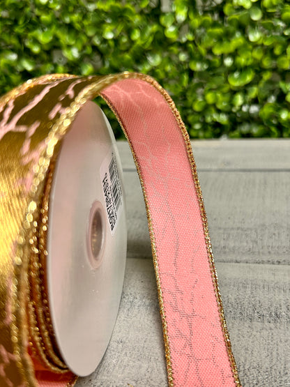 7/8 Inch By 10 Yard Rose Pink And Gold Cracked Foil Ribbon