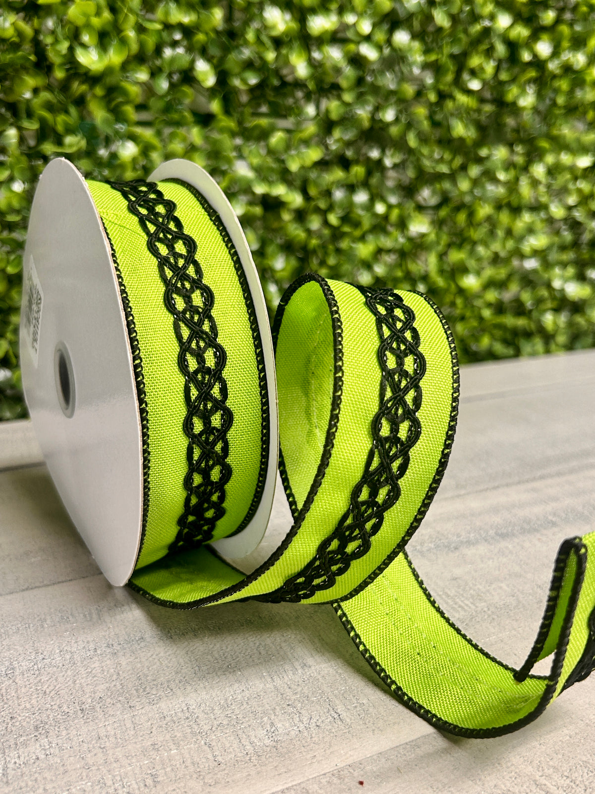 1.5 Inch By 10 Yard Lime Green And Black Lace On Faux Royal Ribbon