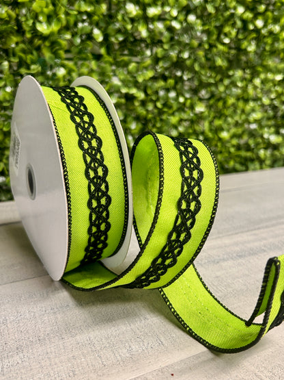 1.5 Inch By 10 Yard Lime Green And Black Lace On Faux Royal Ribbon