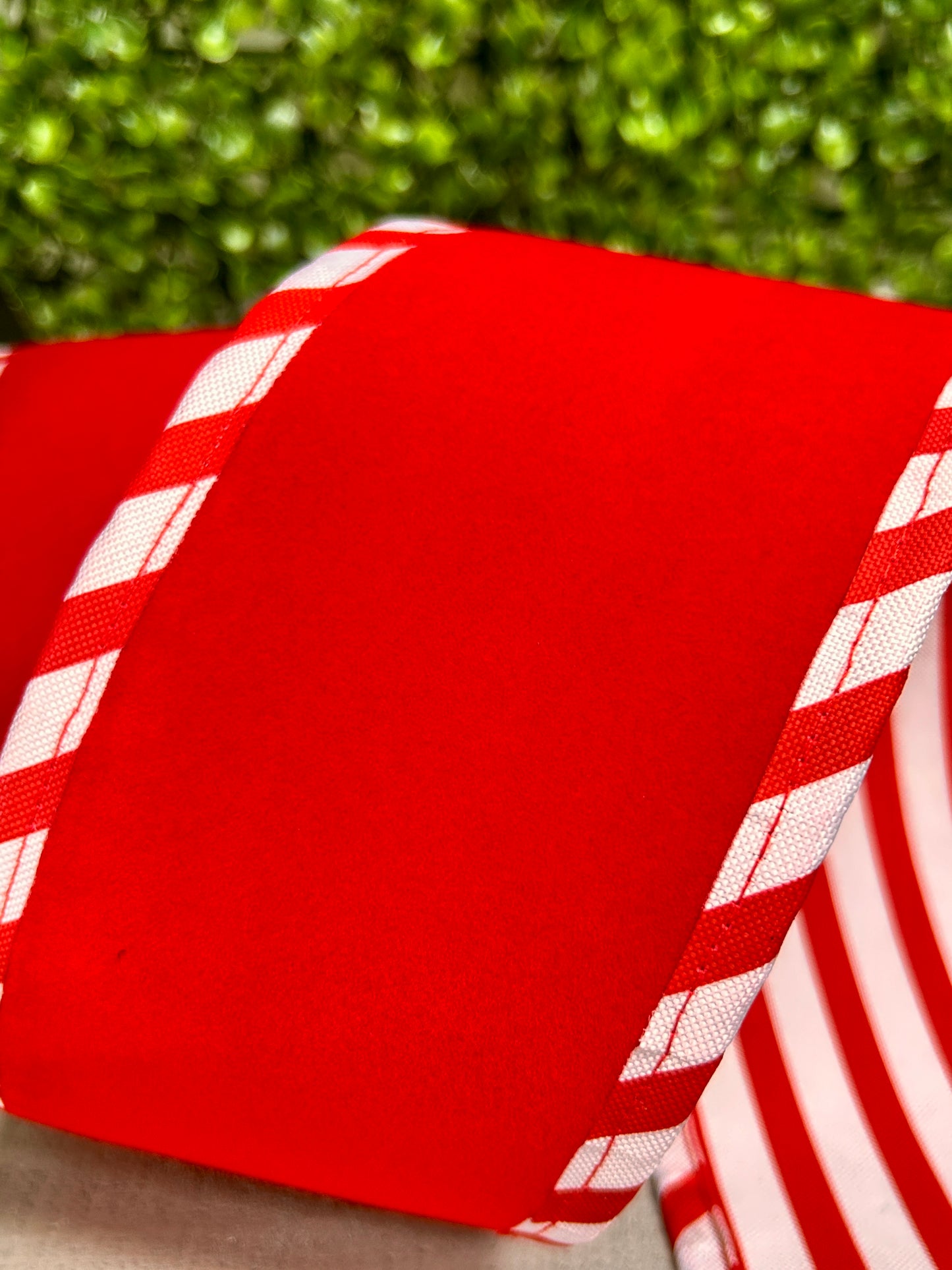 4 Inch By 5 Yard Red Velvet With White Red Cabana Sripe Ribbon