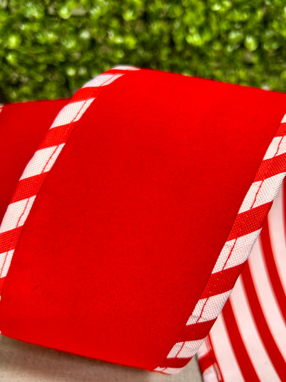 4 Inch By 5 Yard Red Velvet With White Red Cabana Sripe Ribbon