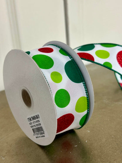1.5 Inch By 10 Yard Lime Emerald And Red Glitter Dots Ribbon