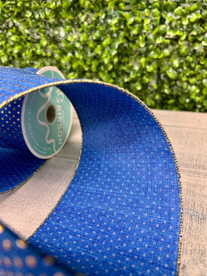 4 Inch By 10 Yard Royal Blue And Gold Swiss Dots Ribbon