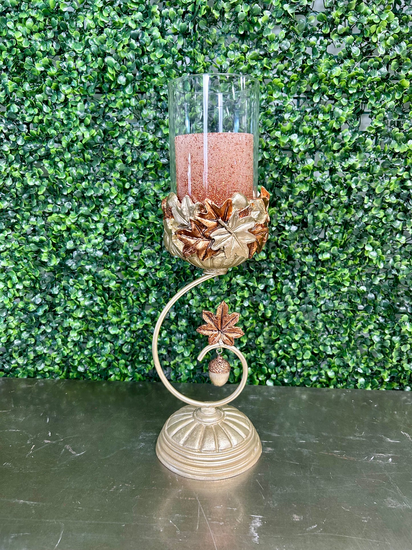 Hay And Harvest Champagne Metal Scroll Candle Holder With Flameless Candle
