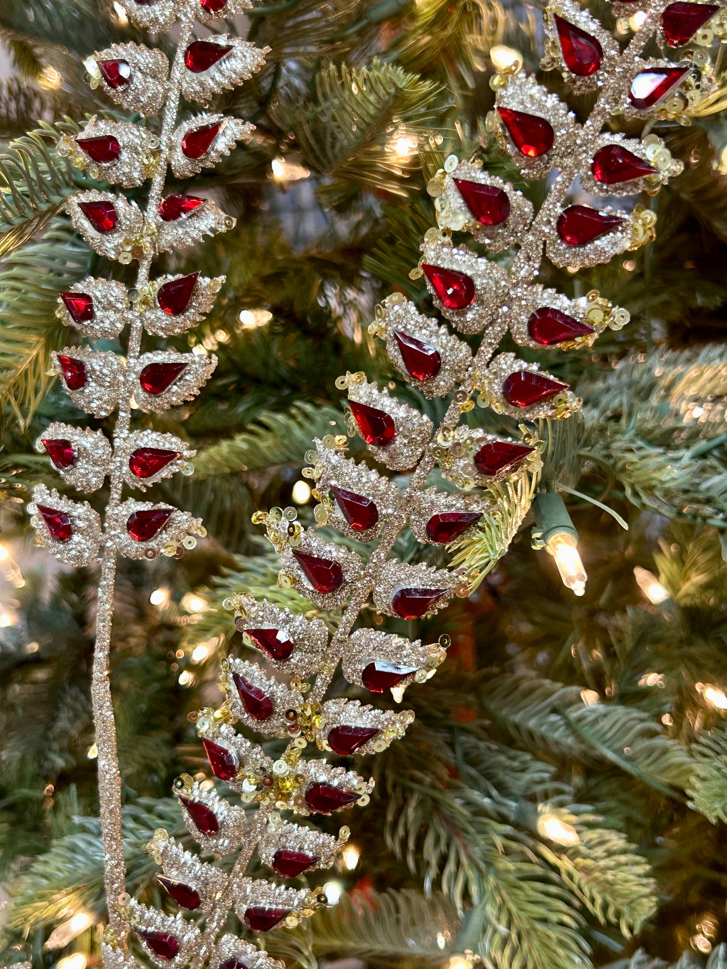 34.5 Inch Red Glittered Rhinestone Artificial Mini Leaf Spray