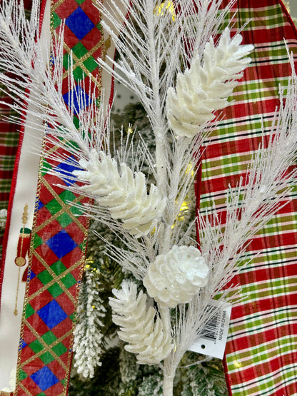 33 Inch White Glitter Pinecone Spray
