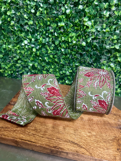 2.5 Inch By 10 Yard Red Glitter Leaf On Moss Green Ribbon