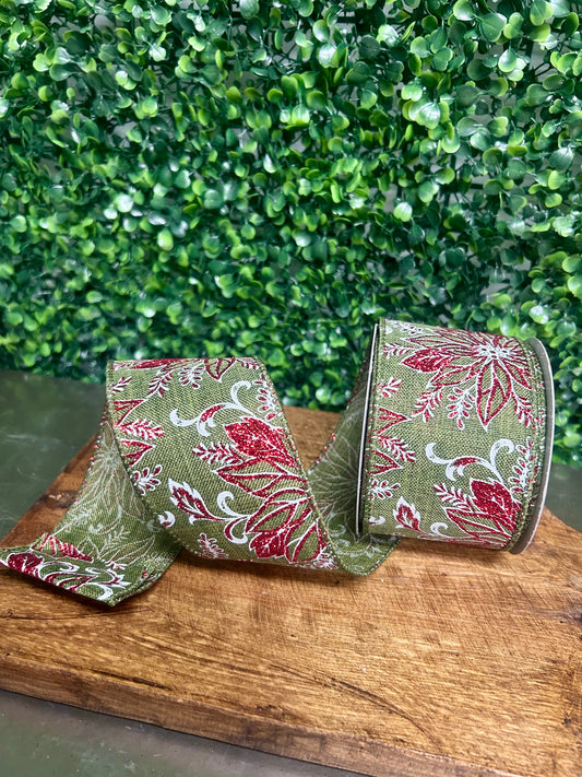2.5 Inch By 10 Yard Red Glitter Leaf On Moss Green Ribbon