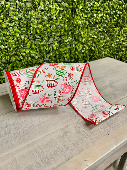 4 Inch By 10 Yard Christmas Hot Cocoa Mugs Ribbon