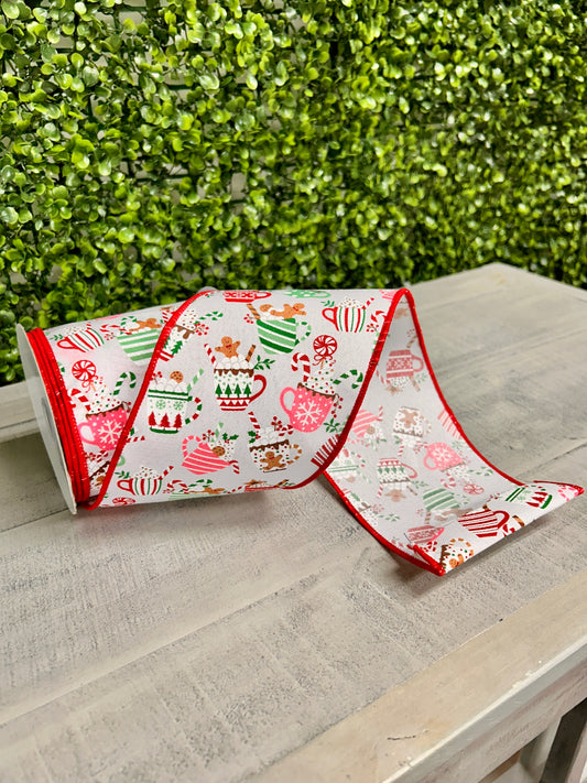4 Inch By 10 Yard Christmas Hot Cocoa Mugs Ribbon