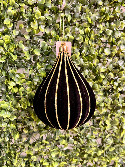 5 Inch Black And Gold Flocked Glitter Teardrop Ornament