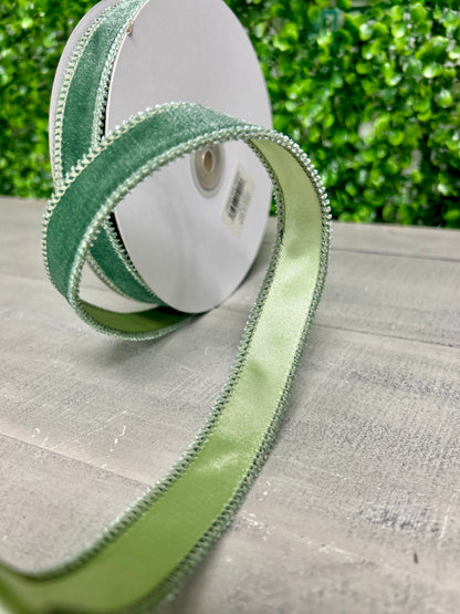 7/8 Inch By 10 Yard Sage Green Deluxe Velvet With Satin Backing Ribbon