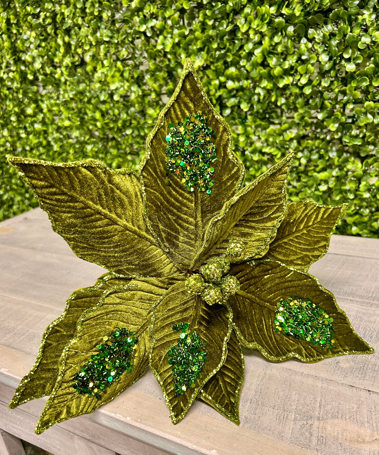 22 Inch Olive Velvet Sequined Poinsettia Stem