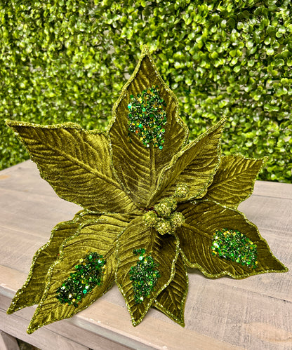22 Inch Olive Velvet Sequined Poinsettia Stem