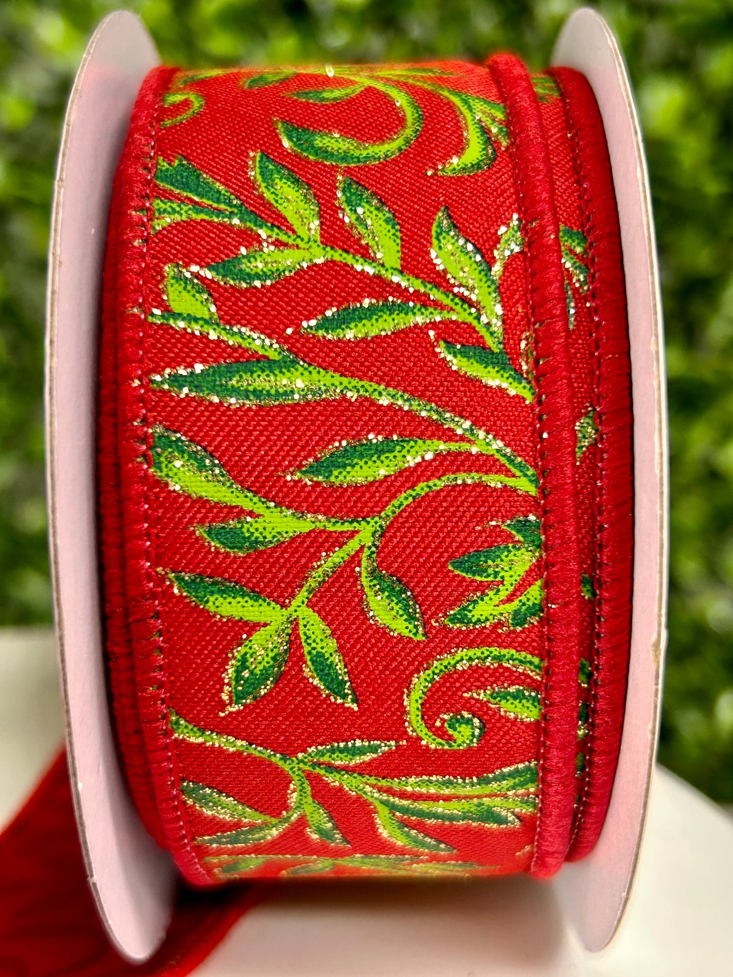 1.5 Inch By 10 Yard Red Green Gold Tonal Leaves Ribbon
