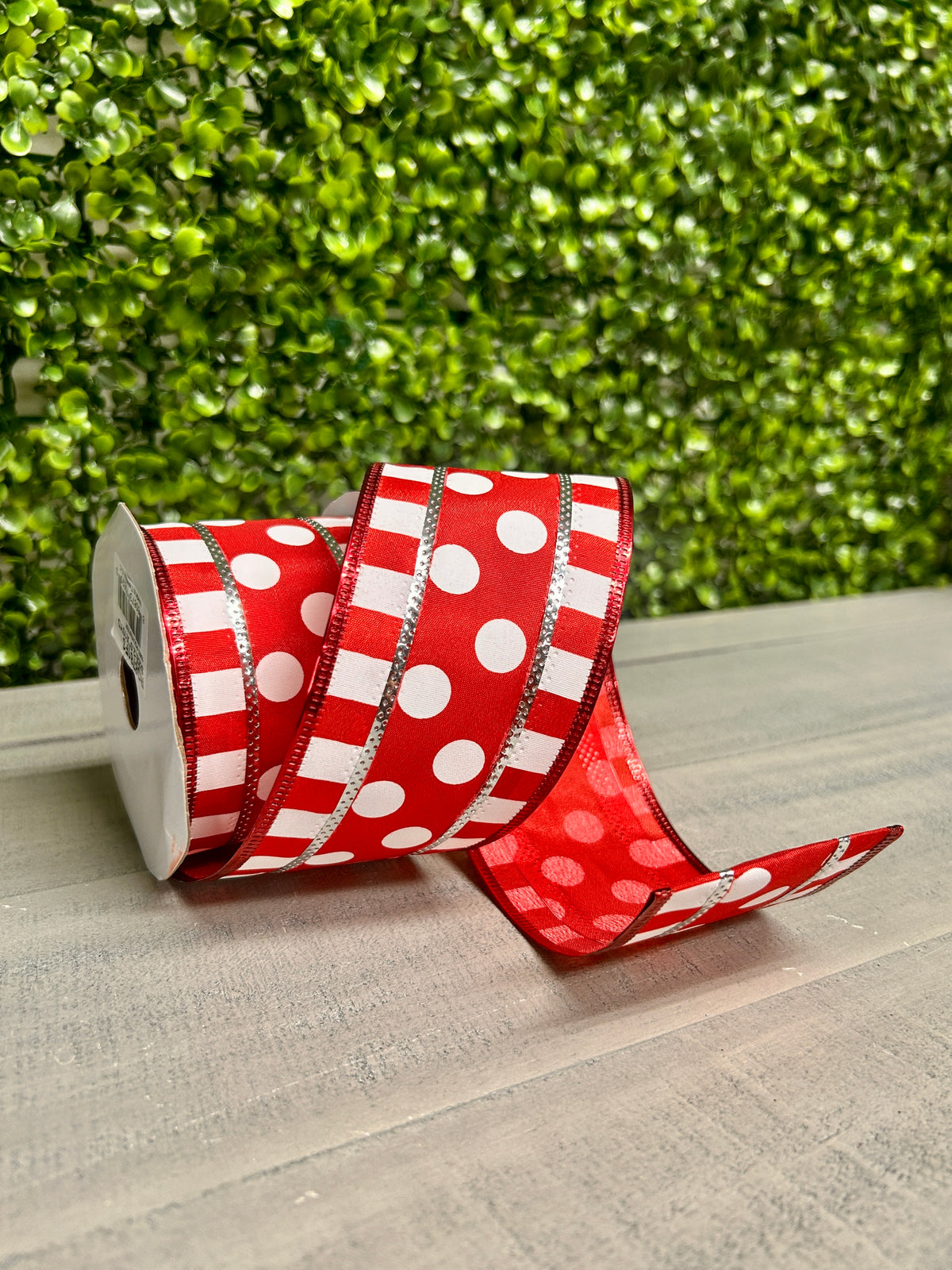 2.5 Inch By 10 Yard Red And White Polka Dot And Stripes Ribbon