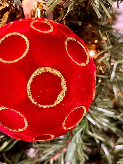 4 Inch Burgundy And Gold Flocked Glitter Concave Ball Ornament