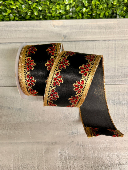 2.5 Inch By 10 Yard Black Gold And Red Lux Scallop Trim Ribbon