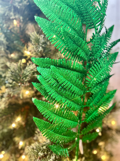34 Inch Glitter Forest Fern Spray Dark Green