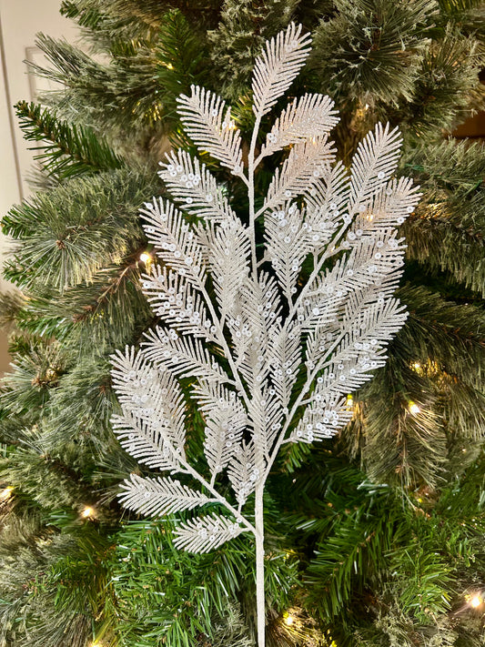 24 Inch White Glitter Sequin Fern Spray