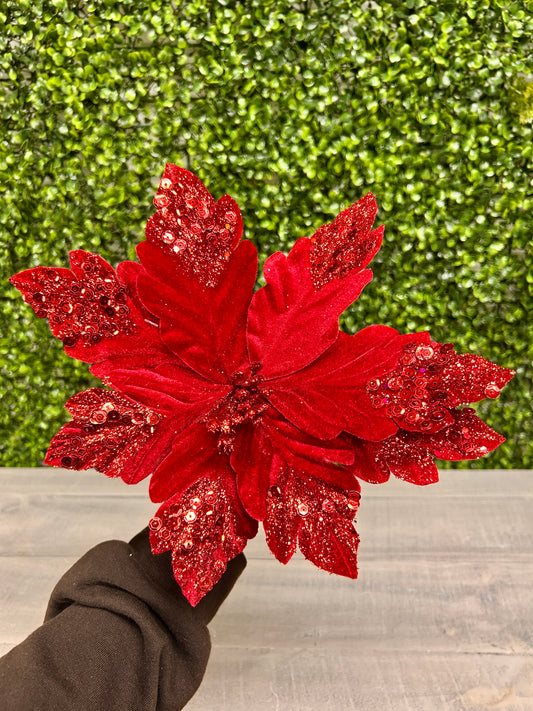 9 Inch Wavy Cut Velvet Poinsettia Leaf Stem