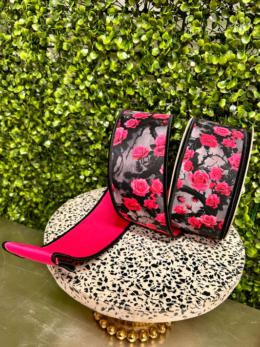 2.5 Inch By 10 Yard Hot Pink Grey And Black Roses And Vines Fused Ribbon