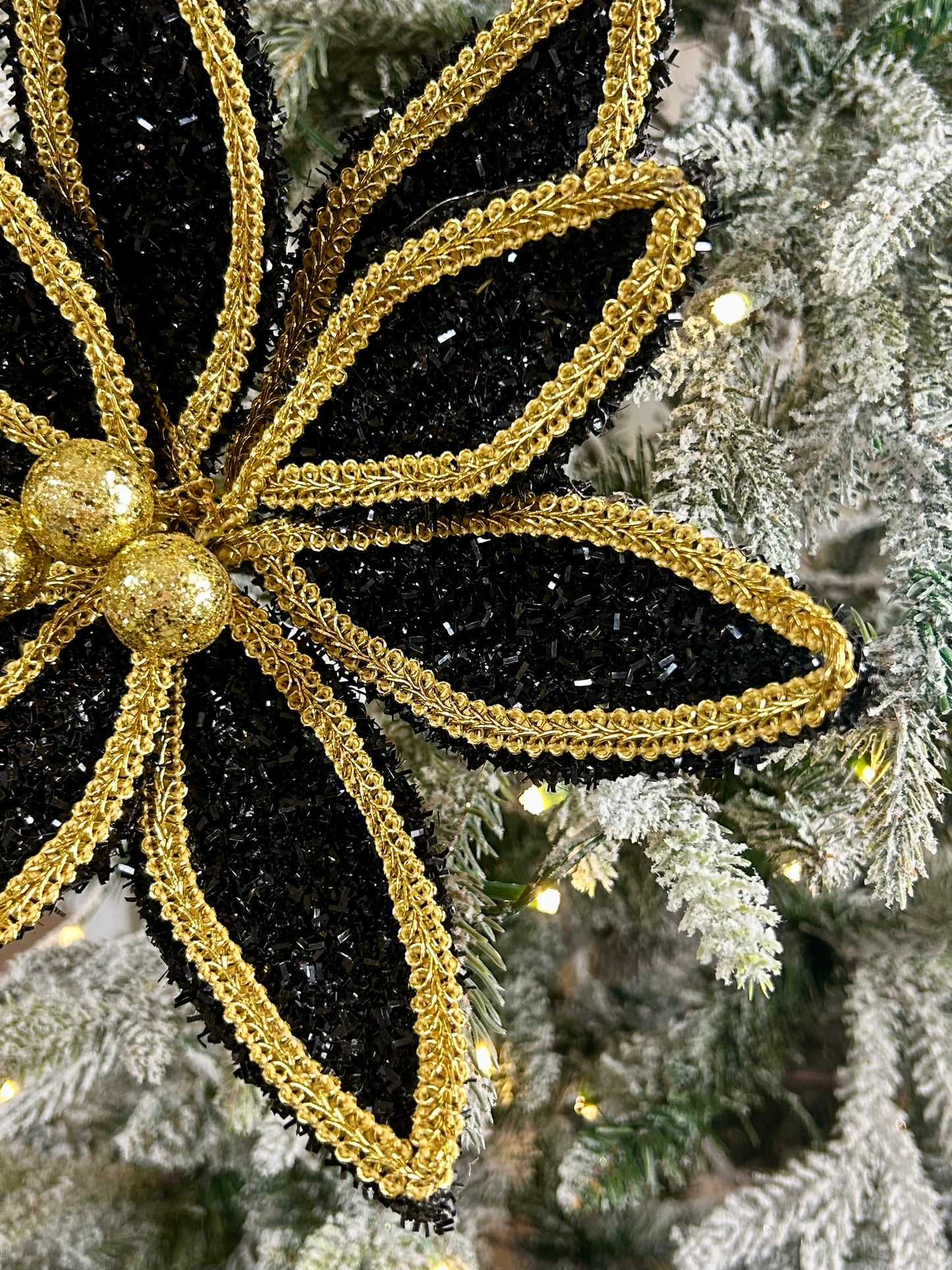 14 Inch Black And Gold Glitter And Lace Edge Poinsettia Pick