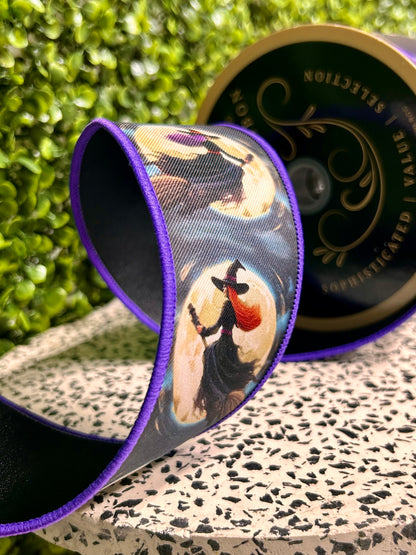 2.5 Inch By 10 Yard Black And Orange Witches Flying By Moon Fused Ribbon