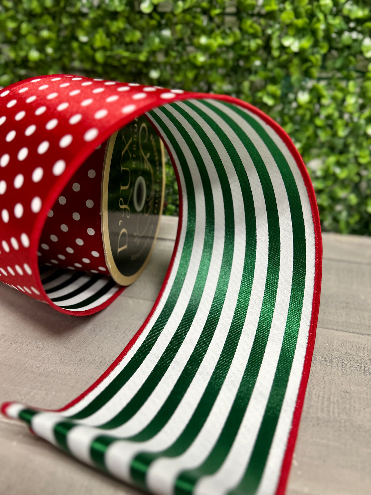 4 Inch By 10 Yard Red And White Polka Dot With Emerald And White Stripe Backing Fused Ribbon