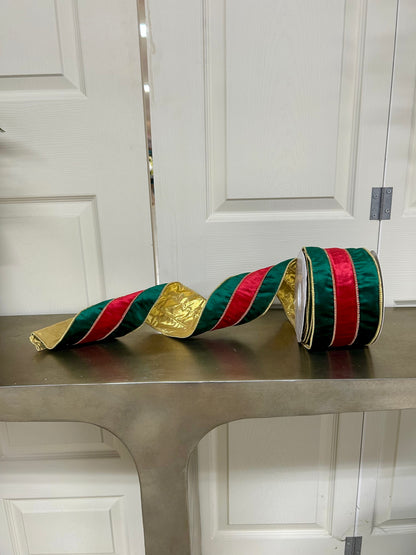 4 Inch By 10 Yard Green Velvet With Red Velvet Center With Gold Edge Ribbon